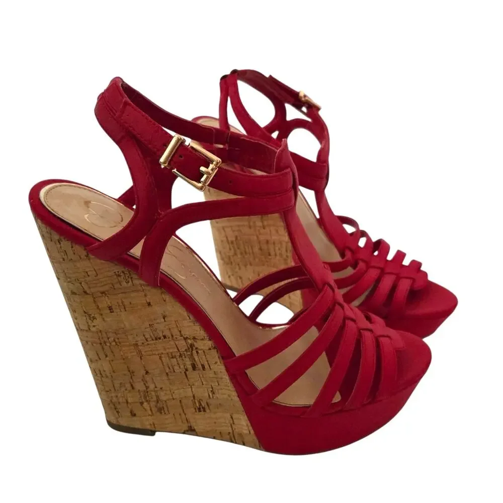 Jessica Simpson Brinlee Red Strappy Tall Cork Wedge Sandals Baddie Summer Sz 7.5